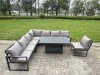 Fimous L-shaped Garden Furniture Set 13-Seater Aluminium Outdoor Dining Set with Adjustable Rising Lifting Dining Table 3 Footstools 3 Chairs Dark Grey
