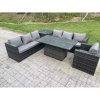 Fimous 7 Seater Wicker PE Garden Furniture Rattan Sofa Set Outdoor Adjustable Rising Lifting Dining Table Set with Armchair Side Table Dark Grey Mixed