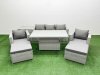 Fimous 7 PCs Rising Dining Table Set Rattan Furniture Set with 3 Seater Sofa Chair 2 Big Footstools Side Table Light Grey