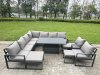 Fimous L-shaped Garden Furniture Set 11-Seater Aluminium Outdoor Dining Set with Adjustable Rising Lifting Dining Table 3 Footstools Chair Dark Grey