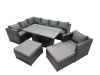 Fimous 9-seater Height Adjustable Rising Lifting Table Corner Sofa Set Rattan Garden Furniture Dining Set with 2 Big Stool Dark Grey Mixed