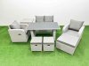 Fimous Outdoor Rattan Garden Furniture Dining Set 7-seater Patio Rectangular Table Love Sofa Reclining Chair Set with Side Table 3 Stools