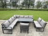 Fimous 11 Pieces Aluminium Garden Furniture Set with Cushions, Patio Furniture Set with Adjustable Rising Lifting Dining Table 3 Footstools Dark Grey