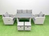 Fimous Outdoor Rattan Garden Furniture Dining Set 7-seater Patio Rectangular Table 3 Seater Sofa Reclining Chair Set with 2 Small Stools