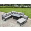Fimous 9 Pieces Aluminium Garden Furniture Set with Cushions, Patio Furniture Set with Adjustable Rising Lifting Dining Table 2 Small Footstools Dark Grey