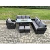Fimous 9 Seater Wicker Rattan Garden Furniture Set Gas Fire Pit Dining Table Reclining Chair 3 Seater Sofa Set Indoor Outdoor with 2 Small Footstools