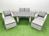 Fimous Outdoor Rattan Garden Furniture Dining Set 6-seater Patio Rectangular Table Love Sofa Reclining Chair Set with 2 Side Tables 2 Big Stools