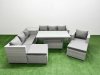 Fimous 7 PCs Rising Dining Table Set Rattan Furniture Set with 3 Seater Sofa Chair 2 Big Footstool Side Table Light Grey