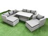 Fimous 6 PCs Rising Dining Table Set Rattan Furniture Set with 3 Seater Sofa Chair 2 Big Footstool Light Grey