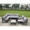 Fimous Aluminium Adjustable Rising Lifting Dining Table Sofa Set 10 Seat Aluminium Garden Furniture Sets with 3 Footstools Chair Dark Grey