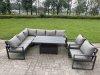 Fimous 8 Pieces Aluminium Garden Furniture Sets with Adjustable Rising Lifting Dining Table,2 Small Footstools 9 Seater Corner Sofa Set Dark Grey