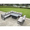 Fimous 10 Pieces Aluminium Garden Furniture Set with Cushions, Patio Furniture Set with Adjustable Rising Lifting Dining Table 3 Footstools Dark Grey