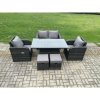 Fimous Wicker PE Rattan Furniture Garden Dining Set Outdoor Patio Height Adjustable Rising lifting Table Love Sofa With Reclining Chair 2 Small Footstools