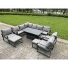 Fimous Aluminium Adjustable Rising Lifting Dining Table Sofa Set 11 Seat Aluminium Garden Furniture Sets with 3 Footstools 2 Chairs Dark Grey
