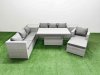 Fimous 7 PCs Rising Dining Table Set Rattan Furniture Set with 3 Seater Sofa Chair 2 Side Tables Big Footstool Light Grey