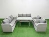 Fimous PE Rattan High Back Lounge Sofa Set Patio Rectangular Dining Table & Chairs Set with 3 Seater Sofa Reclining Chair Side Table Light Grey