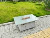 Fimous Light Grey Rattan Outdoor Garden furniture Set Gas Fire Pit Table and 6 Chairs Set with Seat Cushion