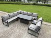 Fimous 9 Piece L-shaped Garden Furniture Set 10-Seater Aluminium Outdoor Dining Set with Adjustable Rising Lifting Dining Table Chair 2 Small Footstools Dark Grey