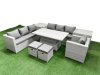 Fimous 8 PCs Rising Dining Table Set Rattan Furniture Set with 3 Seater Sofa Chair 2 Small Footstools 2 Side Tables Light Grey