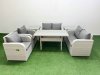 Fimous 6 Seater Outdoor Reclining Chair Love Sofa Set Rattan Garden Furniture Set with Rectangular Dining Table 2 Side Tables Light Grey