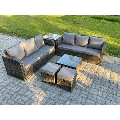 Fimous Indoor Outdoor Rattan Garden Furniture 8 Seater Set Table Sofa Chair Patio Conservatory with Grey Cushions Side Table 2 Small Footstools