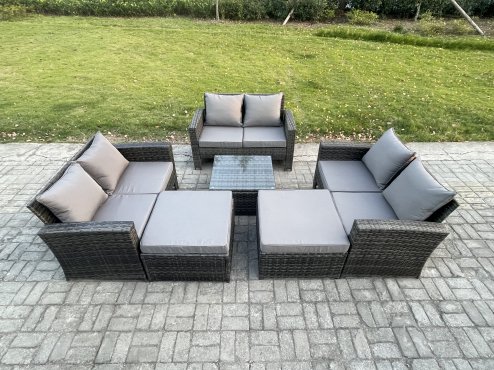 Fimous 8 Seater Outdoor Rattan Garden Furniture Set Conservatory Patio Sofa Coffee Table Set with 2 Big Footstool Dark Grey Mixed