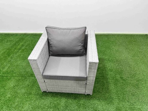 Fimous 6 PCs Rising Dining Table Set Rattan Furniture Set with 3 Seater Sofa Chair 3 Footstools Light Grey