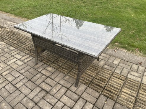 Fimous Wicker PE Rattan Garden Furniture Sets Outdoor Lounge Sofa Set with Oblong Dining Table Double Seat Sofa Side Table 2 Small Footstools Dark Grey Mixed