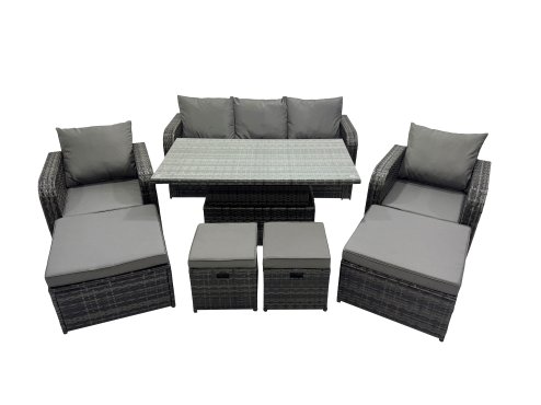 Fimous Rattan Garden Furniture Dining Set 8-seater Patio Height Adjustable Rising Lifting Table Sofa Set with 4 Footstools Dark Grey Mixed