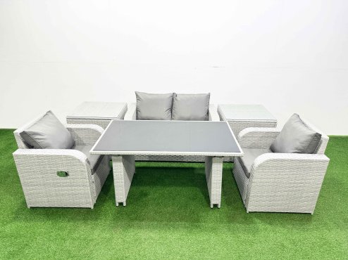 Fimous Outdoor Rattan Garden Furniture Dining Set 4-seater Patio Rectangular Table Love Sofa Reclining Chair Set with 2 Side Tables