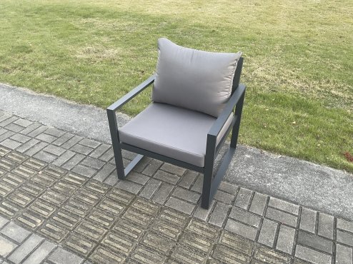Fimous Aluminium Patio Outdoor Garden Furniture Lounge Sofa Set with Square Coffee Table 2 Chairs Big Footstool Side Table Dark Grey
