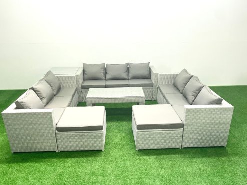Fimous Rattan Garden Outdoor Furniture Set 11 Seater Garden Sofa Oblong Coffee Table Set with 2 Big Footstools Side Table Light Grey Mixed