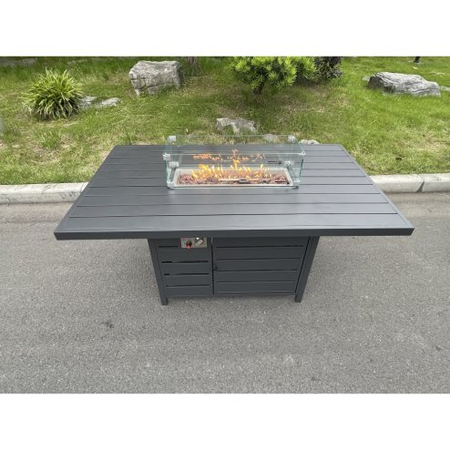 Fimous Aluminum Top 6 Seat Garden Furniture Dining Set Gas Fire Pit Table And Chairs Burner Heater Patio Outdoor Dark Grey