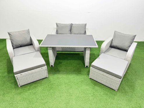 Fimous Outdoor Rattan Garden Furniture Dining Set 6-seater Patio Rectangular Table Love Sofa Reclining Chair Set with 2 Big Stools