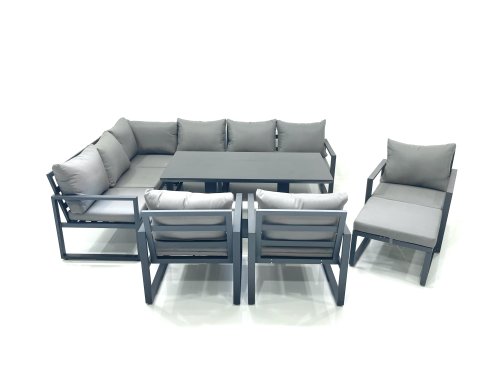 Fimous Aluminum Outdoor Garden Furniture Set Corner Sofa Big Footstool 3 Chairs Adjustable Rising Lifting Dining Table Sets Dark Grey