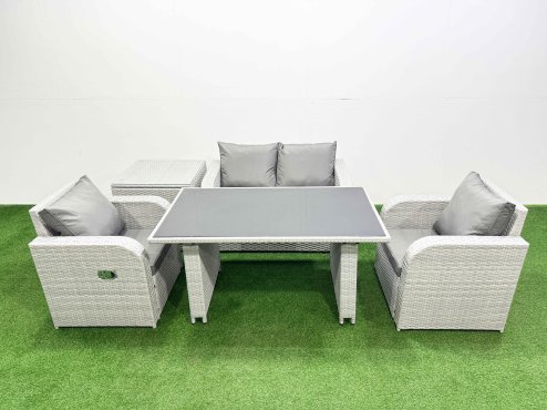Fimous Outdoor Rattan Garden Furniture Dining Set 4-seater Patio Rectangular Table Love Sofa Reclining Chair Set with Side Table