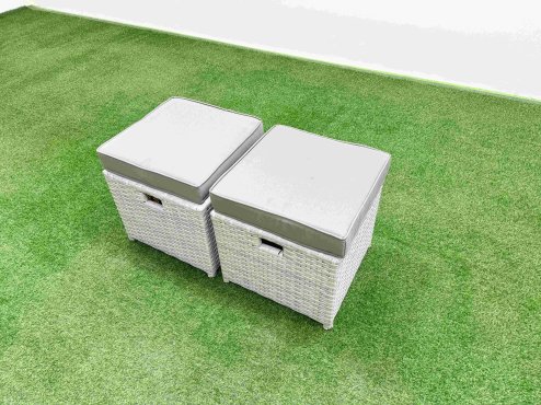 Fimous Light Grey PE Wicker Rattan Garden Furniture Set Sofa Set Reclining Chair Firepit Dining Table 6 Seater 2 Small Stools