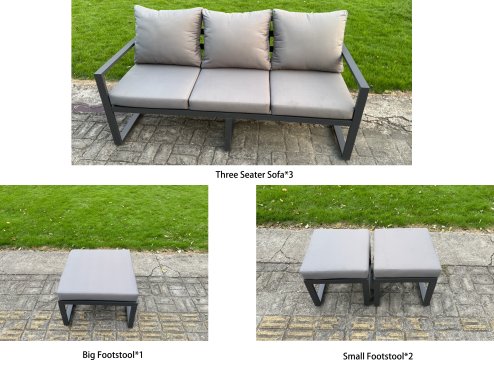 Fimous Aluminum Outdoor Patio Furniture Set Modern Patio Conversation Sets with Adjustable Rising Lifting Dining Table 2 Big Footstools 2 Side Tables Dark Grey
