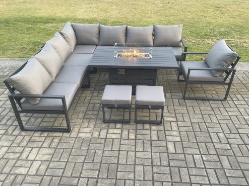 Fimous Aluminium 10 Seater Garden Furniture Outdoor Set Patio Lounge Sofa Gas Fire Pit Dining Table Set with Chair 2 Small Footstool Dark Grey