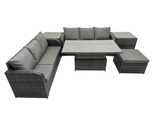 Fimous Rattan Garden Furniture Dining Set 7-seater Patio Height Adjustable Rising Lifting Table Sofa Set with 2 Side Table Dark Grey Mixed