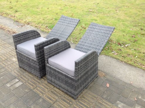 Fimous Dark Grey Mixed Outdoor Wicker Rattan Garden Furniture Reclining Chair And Table Dining Sets 2 Seater Bistro Round Table