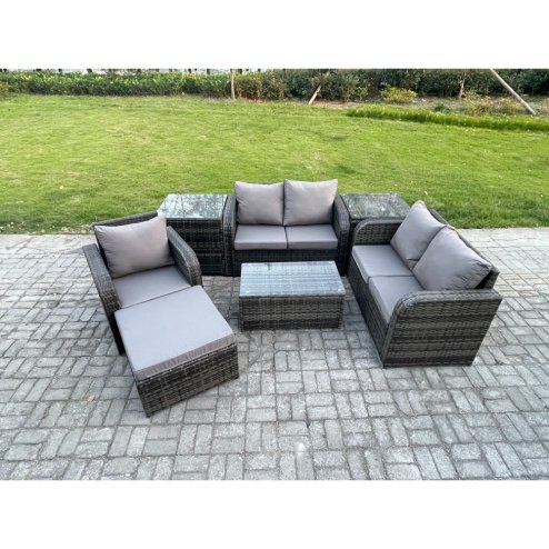 Fimous High Back Rattan Garden Furniture Set with Loveseat Sofa Rectangular Coffee Table 2 Side Tables Big Footstool Indoor Outdoor Patio Lounge Sofa Set Dark Grey Mixed