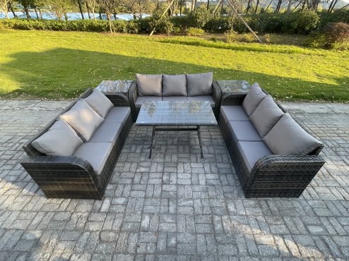 Fimous 9 Seater Wicker Rattan Garden Furniture Set with Rectangular Dining Table 2 Side Tables Patio Outdoor Lounge Sofa Set