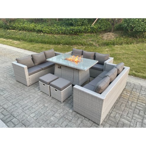 Fimous Light Grey U Shape Lounge Sofa Dining Set With Gas Heater Fire pit Burner 2 PC Small Footstool