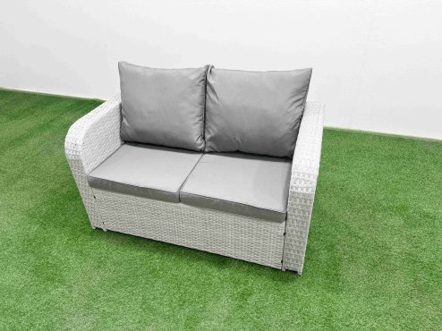 Fimous 6 Seater Outdoor Love Sofa Set Rattan Garden Furniture Set with Oblong Coffee Table 2 Small Stools 2 Side Tables Light Grey