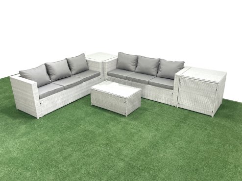 Fimous Garden Outdoor PE Rattan Furniture Set 6 Seater Rattan Garden Sofa Set with 2 Side Tables Light Grey Mixed