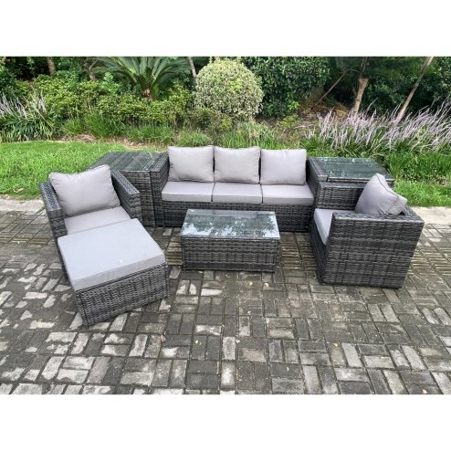 Fimous Outdoor Rattan Garden Furniture Set with 3 Seater Sofa Coffee Table 2 Side Tables 2 Armchairs Big Footstool Patio Lounge Sofa Set Dark Grey Mixed