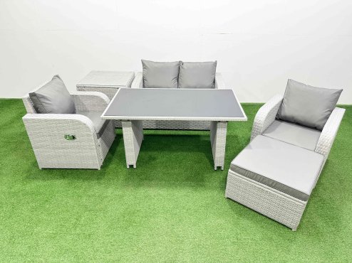 Fimous Outdoor Rattan Garden Furniture Dining Set 5-seater Patio Rectangular Table Love Sofa Reclining Chair Set with Side Table Big Stool