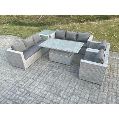 Fimous Rattan Garden Funiture Set Height Adjustable Rising Lifting Table Sofa Dining Set Lounge Sofa 2 Arm Chair Side Table