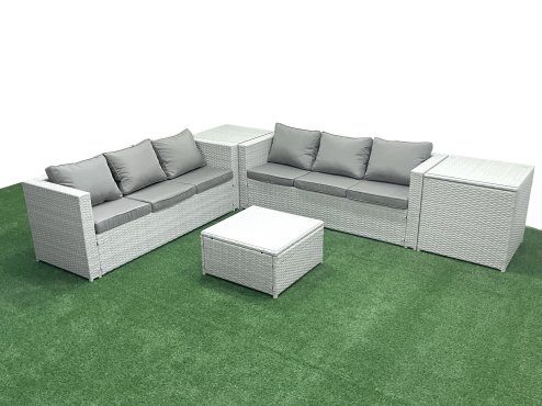 Fimous Rattan Garden Outdoor Furniture Set 6 Seater Rattan Garden Sofa Set with 2 Side Tables Light Grey Mixed